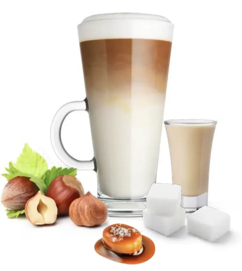 Latte macchiato mogyoróval, karamellával és kockacukorral